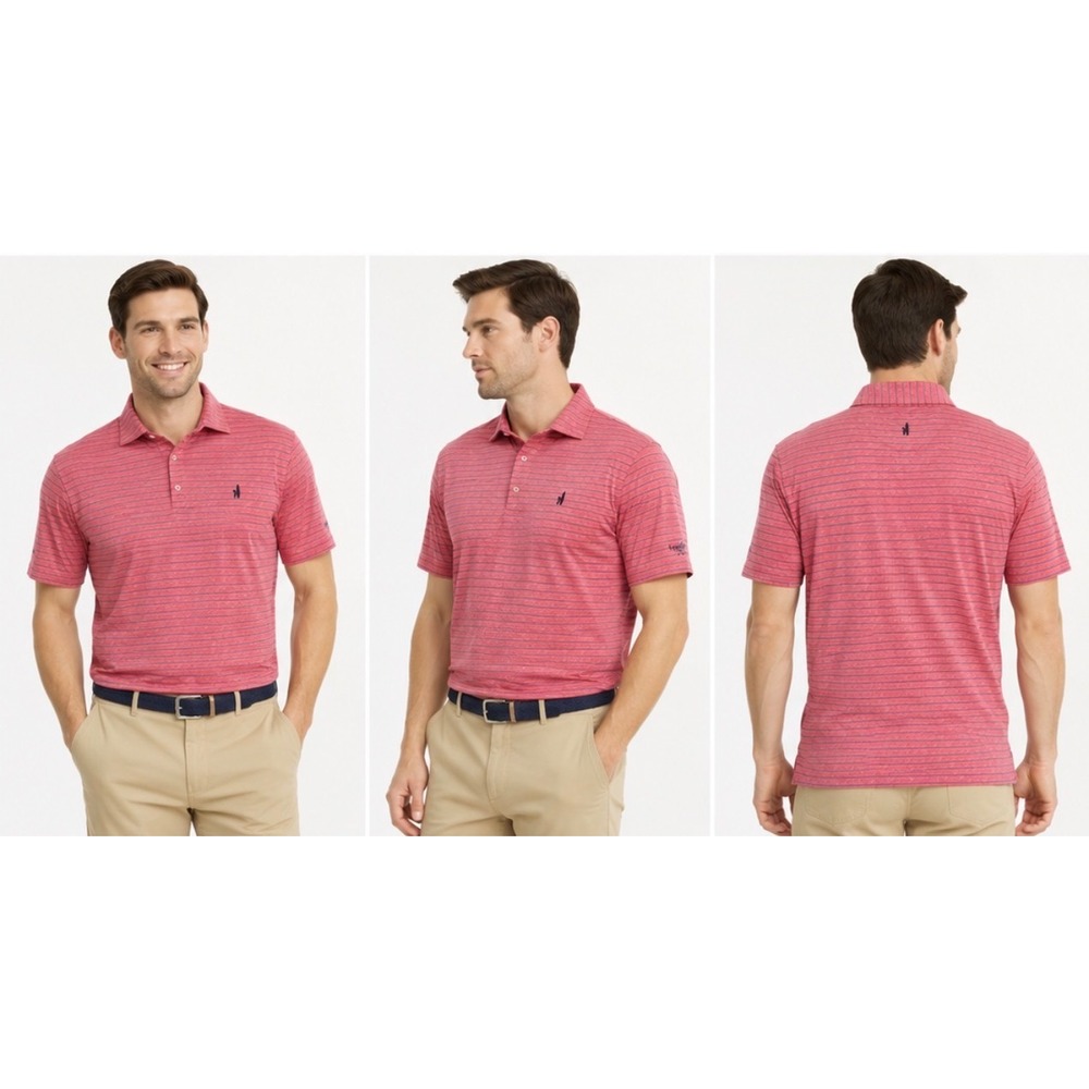 Johnnie-O Mens Striped Performance Polo Shirt Coral Blue Whisper Rock Large